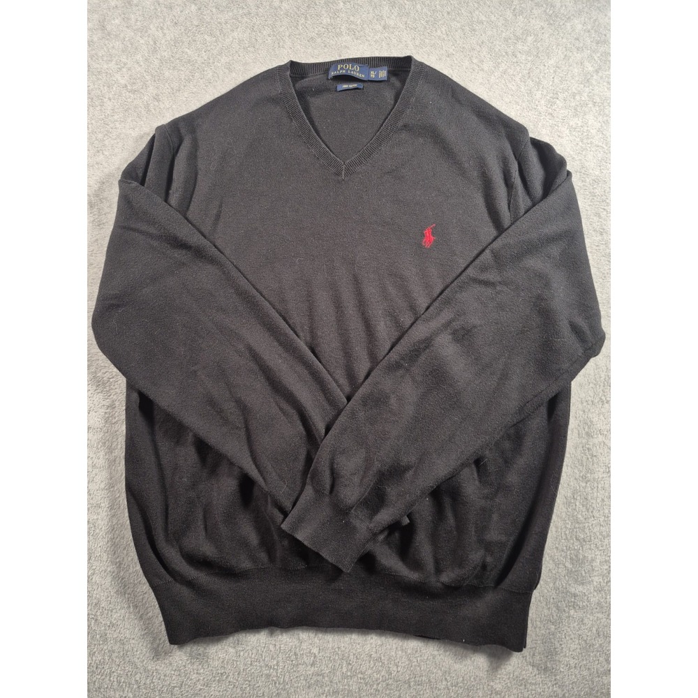 Polo Ralph Lauren Mens Black V Neck Pima Cotton Sweater XL Red Pony Logo - Picture 1 of 5